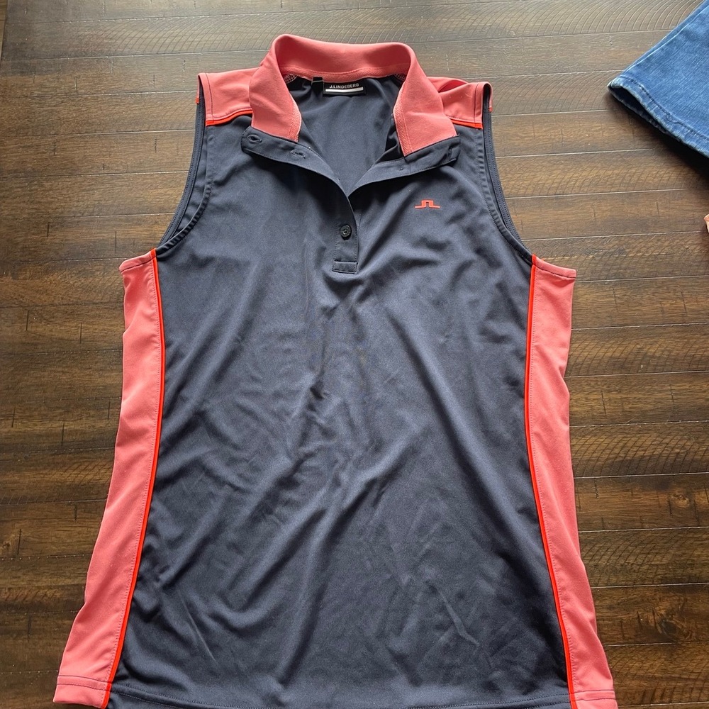 J Lindeberg Women Golf Sleeveless Polo Shirt Navy Coral Size M
